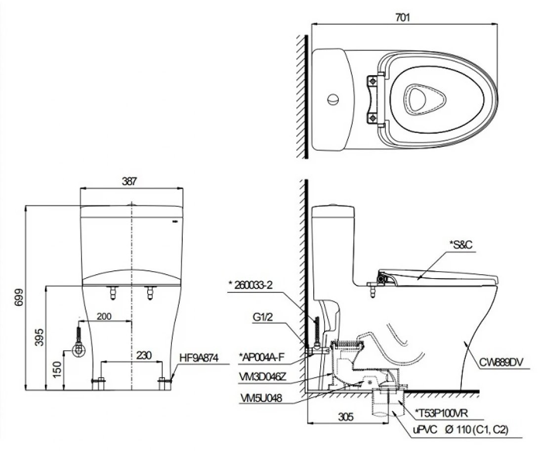 Bản vẽ kích thước bồn cầu TOTO MS889CDRW23 Washlet dòng S7