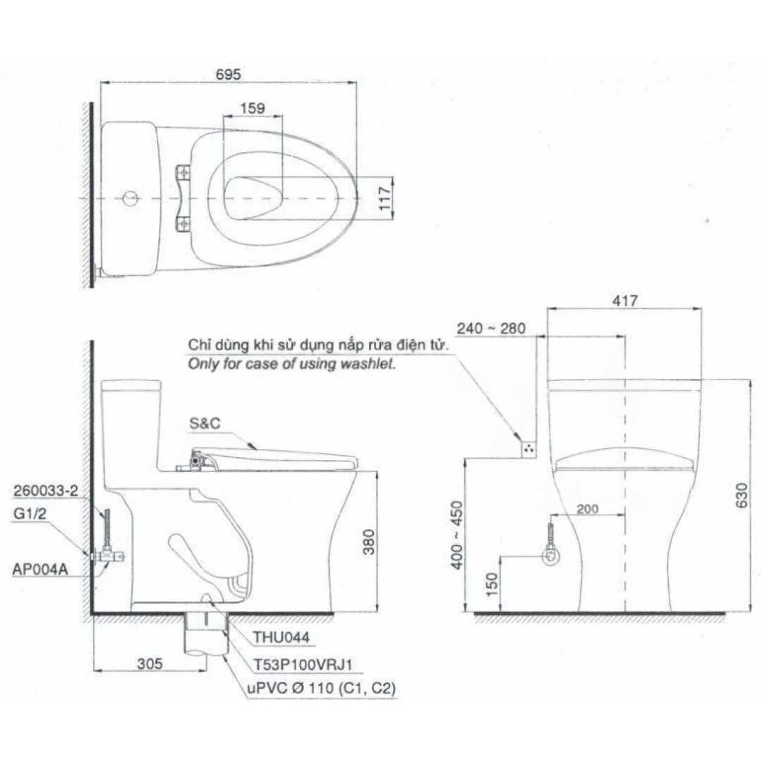 Bản vẽ kích thước bồn cầu TOTO MS855CDW23 Washlet dòng S7