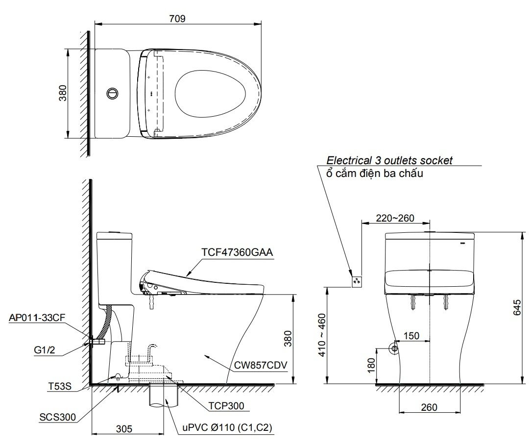 Bản vẽ kích thước bồn cầu TOTO MS857CDW23 Washlet dòng S7
