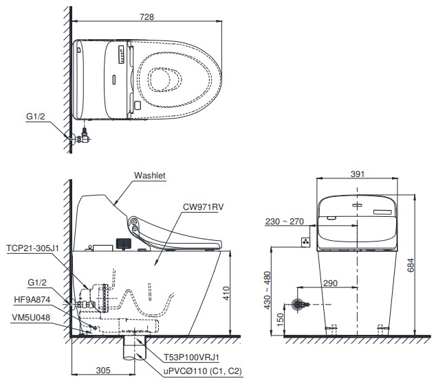 Bản vẽ kích thước bồn cầu cảm ứng TOTO dòng GG C971/TCF9433A cao cấp