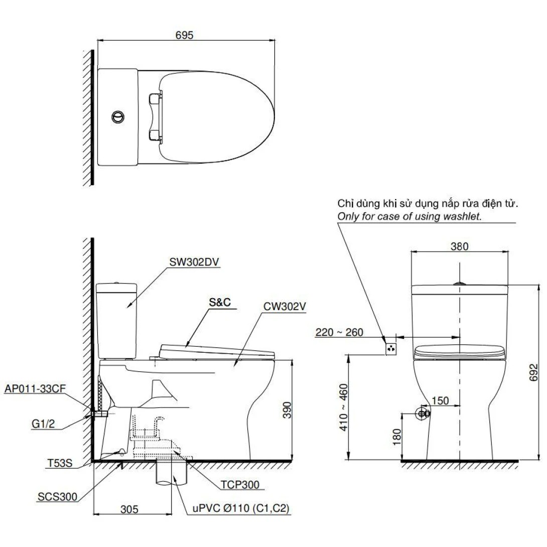 Bản vẽ kích thước bồn cầu hai khối TOTO CS302DT3 Nắp Êm TC385VS