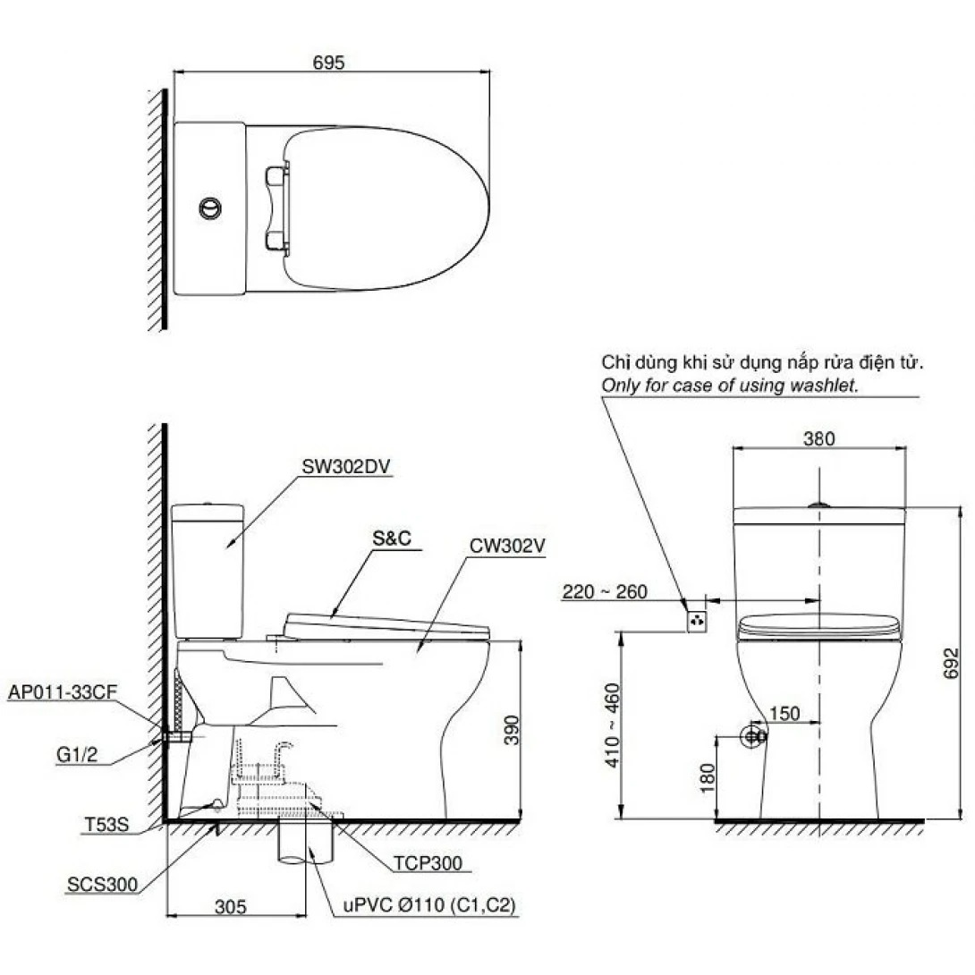 Bản vẽ kích thước bồn cầu hai khối TOTO CS302DT10 Nắp Êm TC395VS