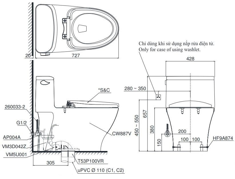 Bản vẽ kích thước bồn cầu 1 khối TOTO MS887CRW15