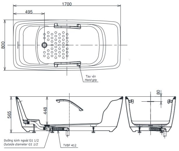 Bản vẽ kích thước Bồn Tắm đặt sàn TOTO PJY1724PWEN#GW/TVBF412 có tay vịn