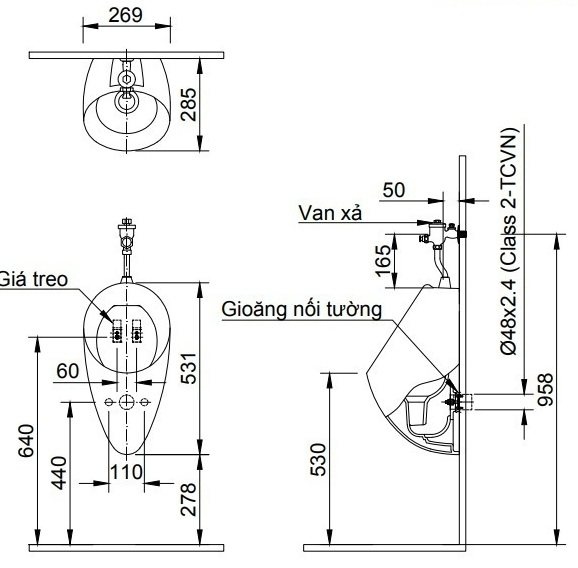 bản vẽ kích thước bồn tiểu nam inax u-117v