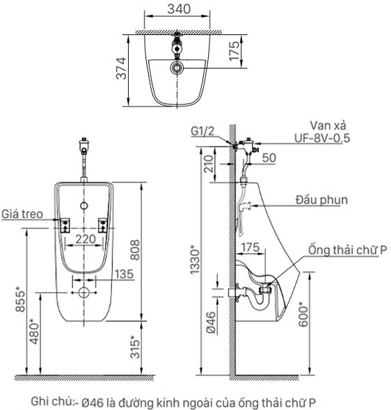 bản vẽ kích thước bồn tiêu nam treo tường inax au-468v