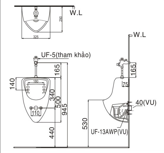 bản vẽ kích thước bồn tiểu nam treo tường inax u-440v