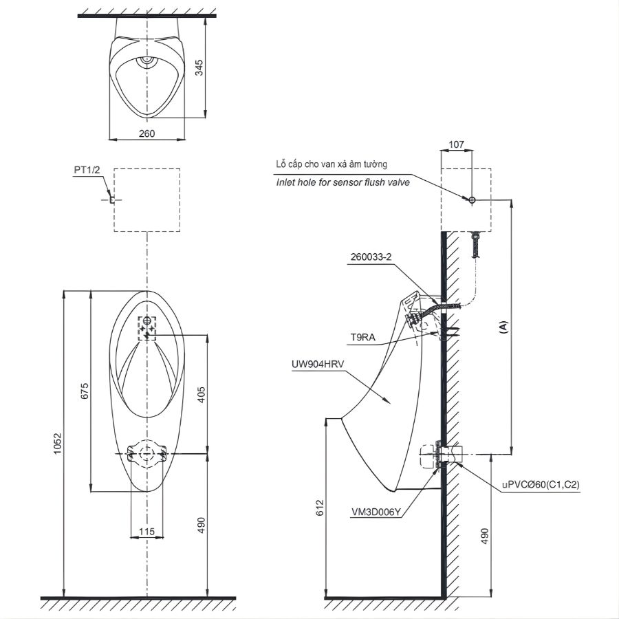 bản vẽ kích thước tiểu nam treo tường toto yt904hr