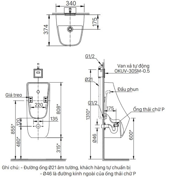 bản vẽ kích thước bồn tiểu nam treo tường inax uv-468vac