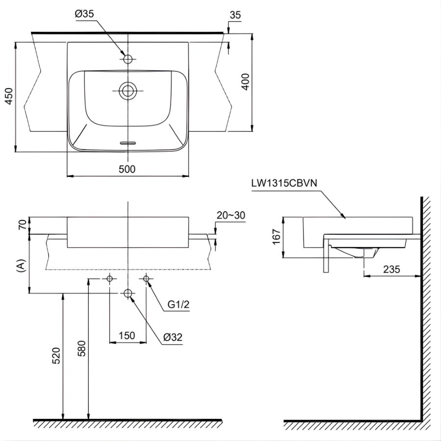 bản vẽ kích thước chậu bán âm bàn toto lw1315cbvn-xw