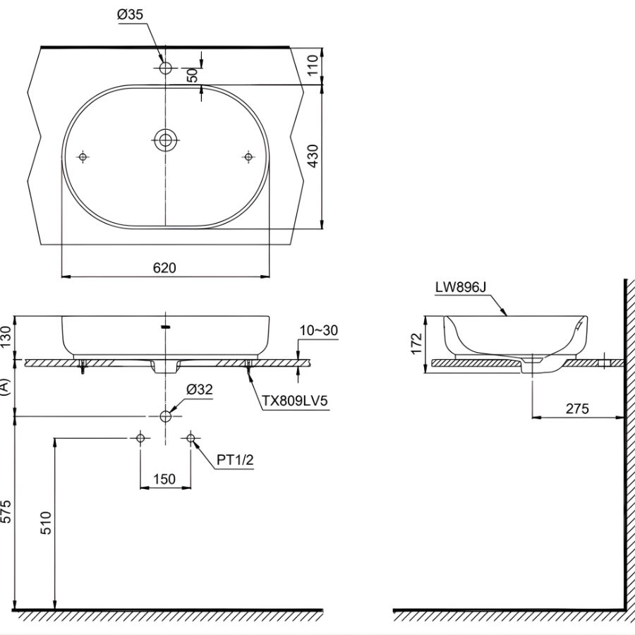 bản vẽ kích thước chậu lavabo toto lw896jw/f-mdr