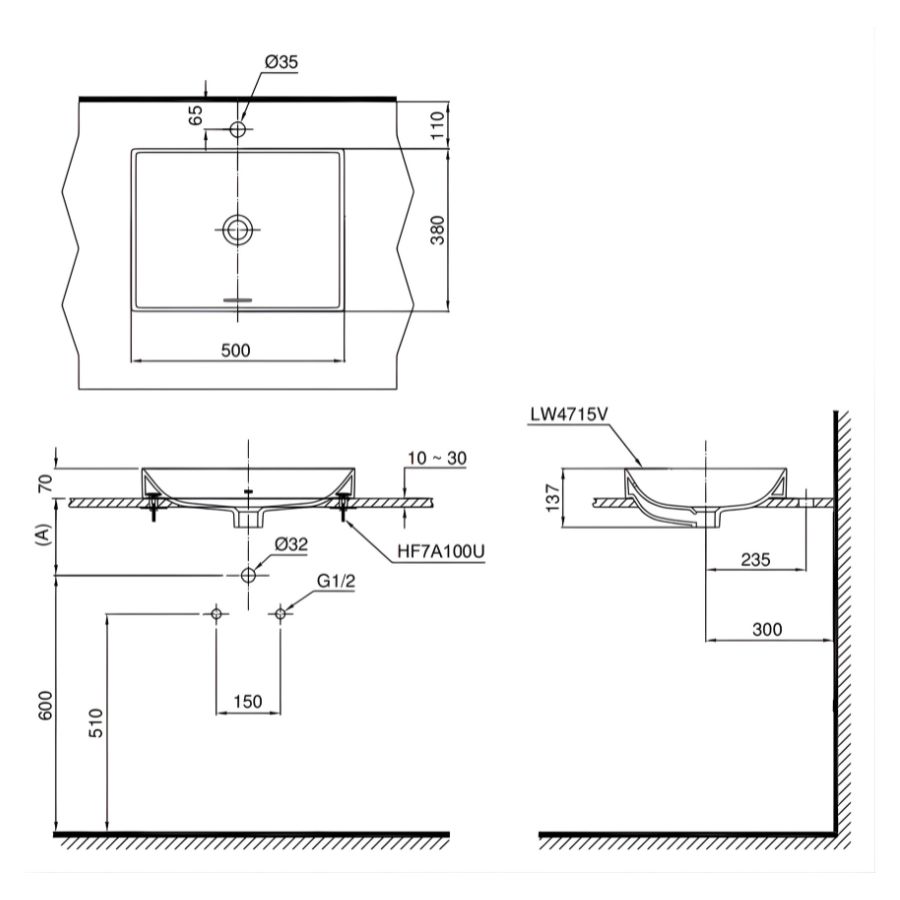 bản vẽ kích thước chậu đặt bàn toto lt4517g17