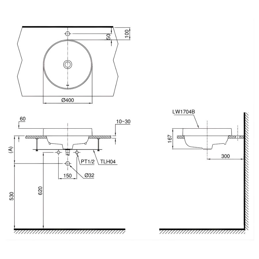 bản vẽ kích thước chậu rửa lavabo đặt bàn toto l1704