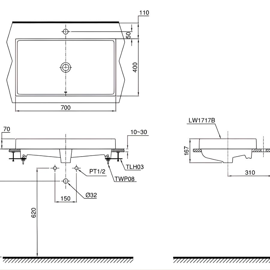 bản vẽ kích thước chậu đặt bàn toto lt1717