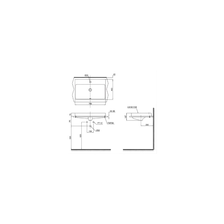 bản vẽ kích thước chậu lavabo toto đặt bàn lw1617c