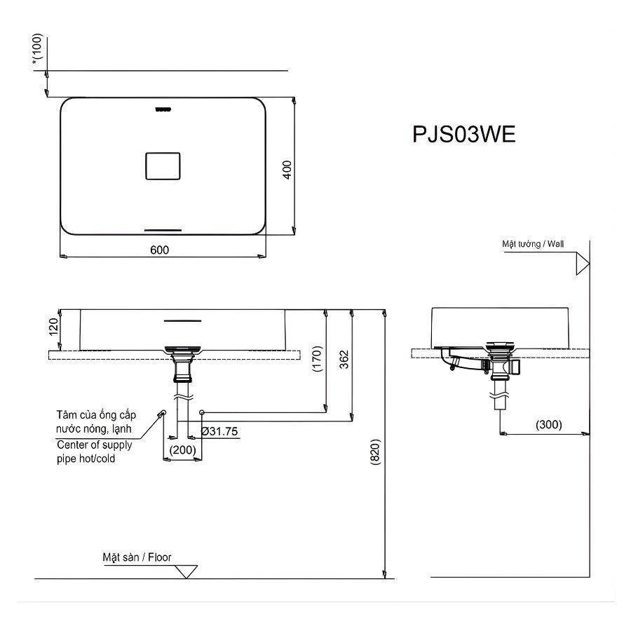 bản vẽ kích thước chậu đặt bàn toto pjs03we#gw