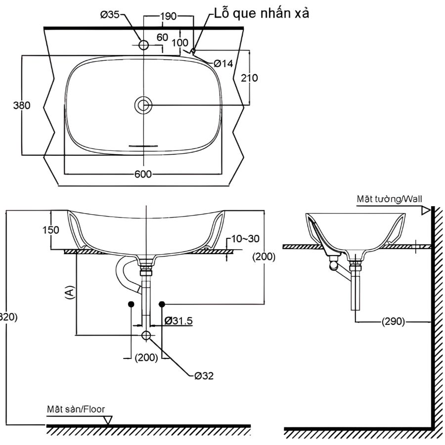 bản vẽ kích thước chậu đặt bàn toto pjs07we