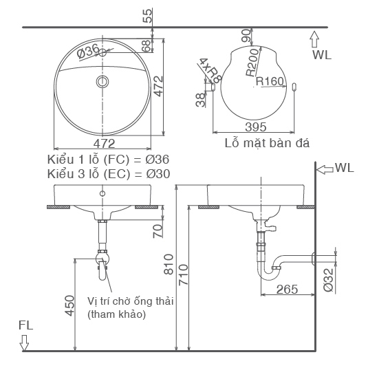 bản vẽ kích thước chậu đặt bàn lavabo inax al-294v