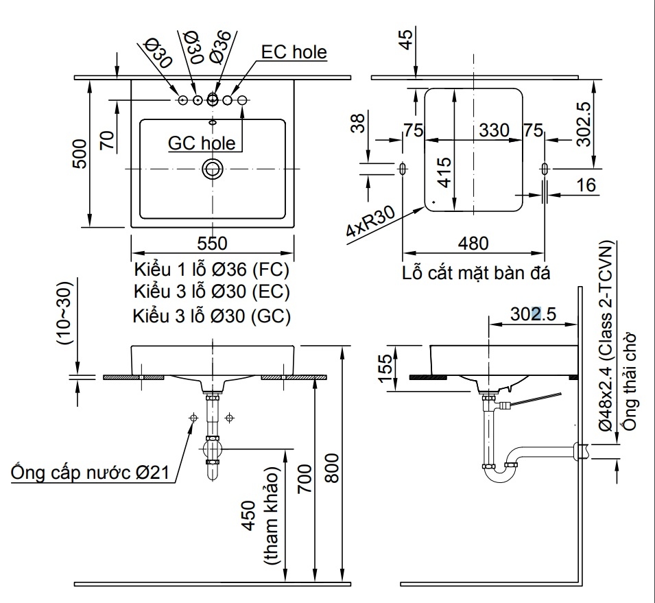 bản vẽ kích thước chậu lavabo đặt bàn inax al-536v