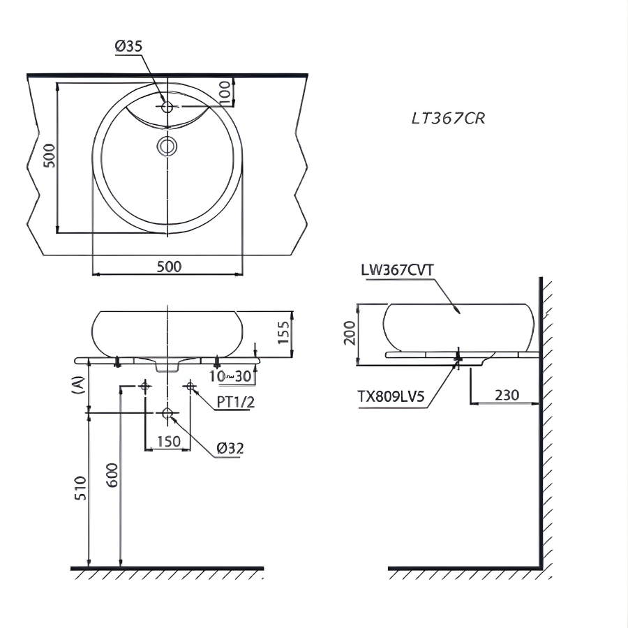 bản vẽ kích thước chậu đặt bàn toto lt 367cr