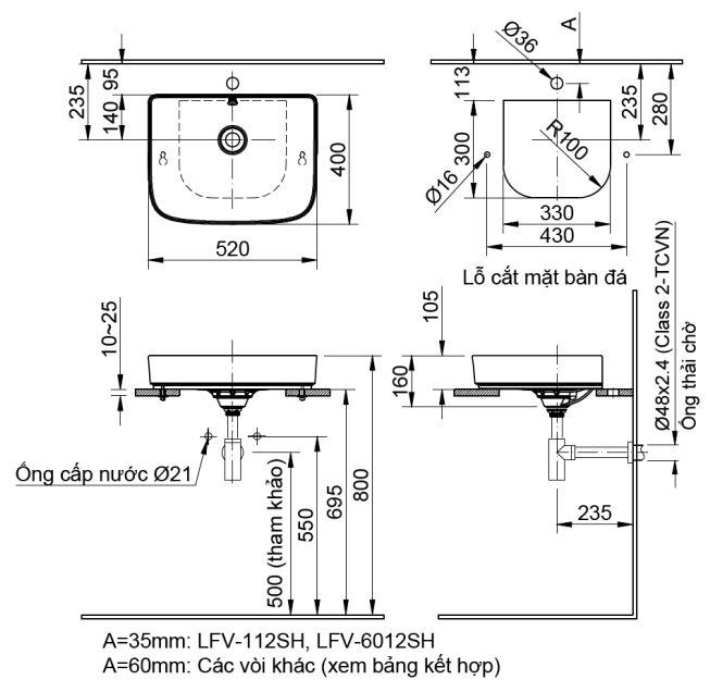 bản vẽ kích thước chậu lavabo đặt bàn inax al-638v