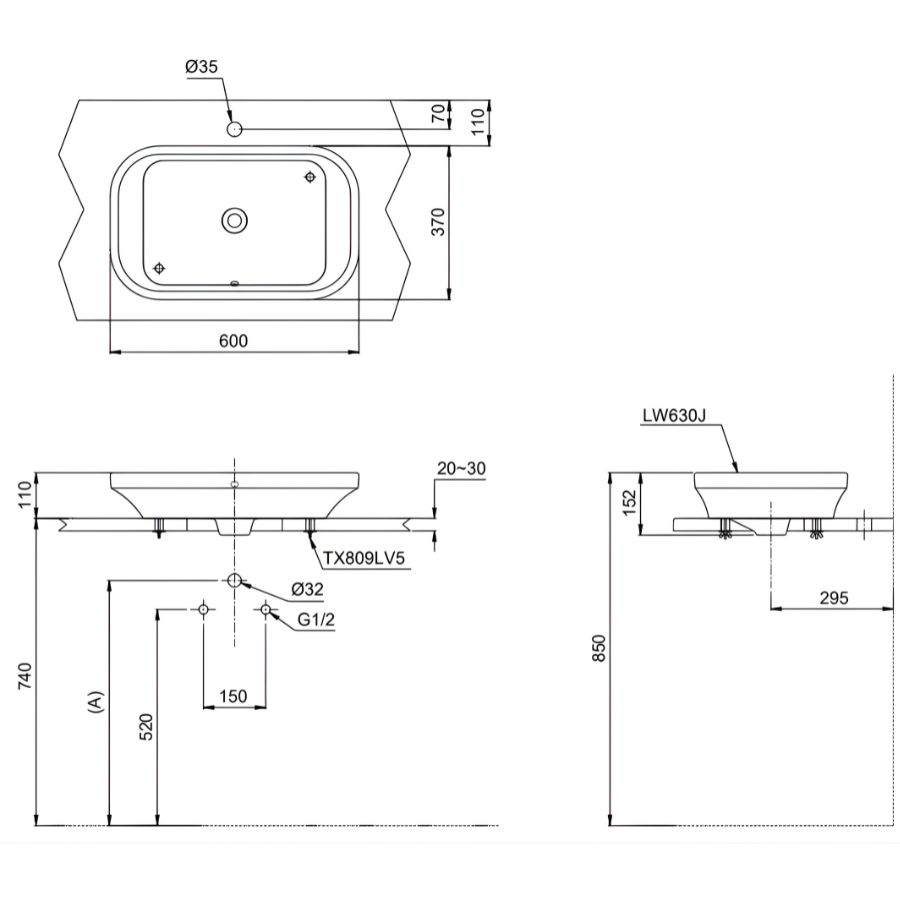 bản vẽ kích thước chậu lavabo toto lw630jdw/f-mdr