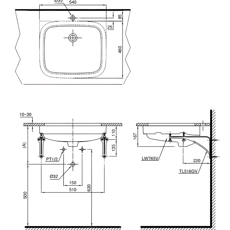 bản vẽ kích thước chậu rửa âm bán toto lt765