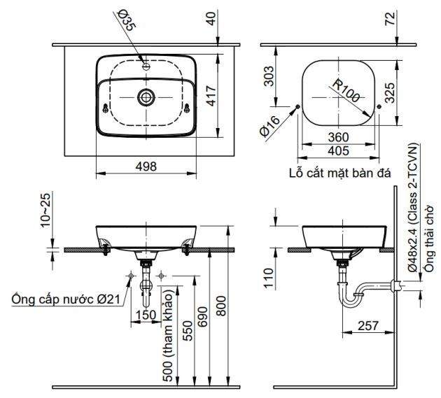 bản vẽ kích thước chậu lavabo đặt bàn inax al-286v