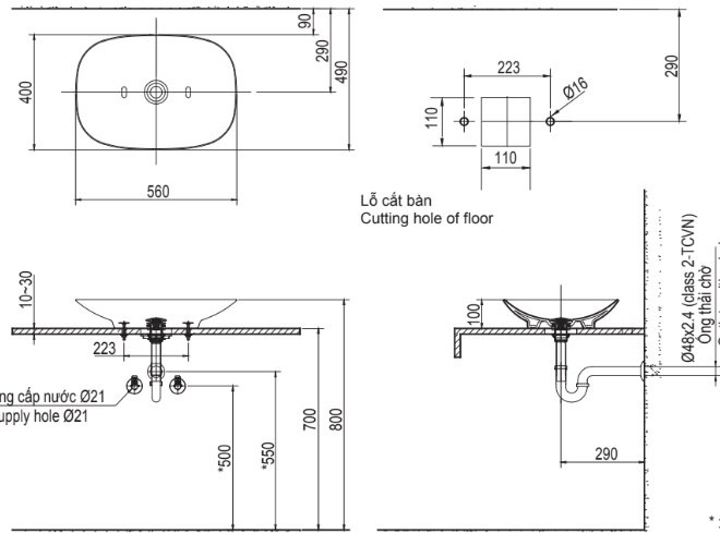 bản vẽ kích thước chậu lavabo đặt bàn inax al-s620v
