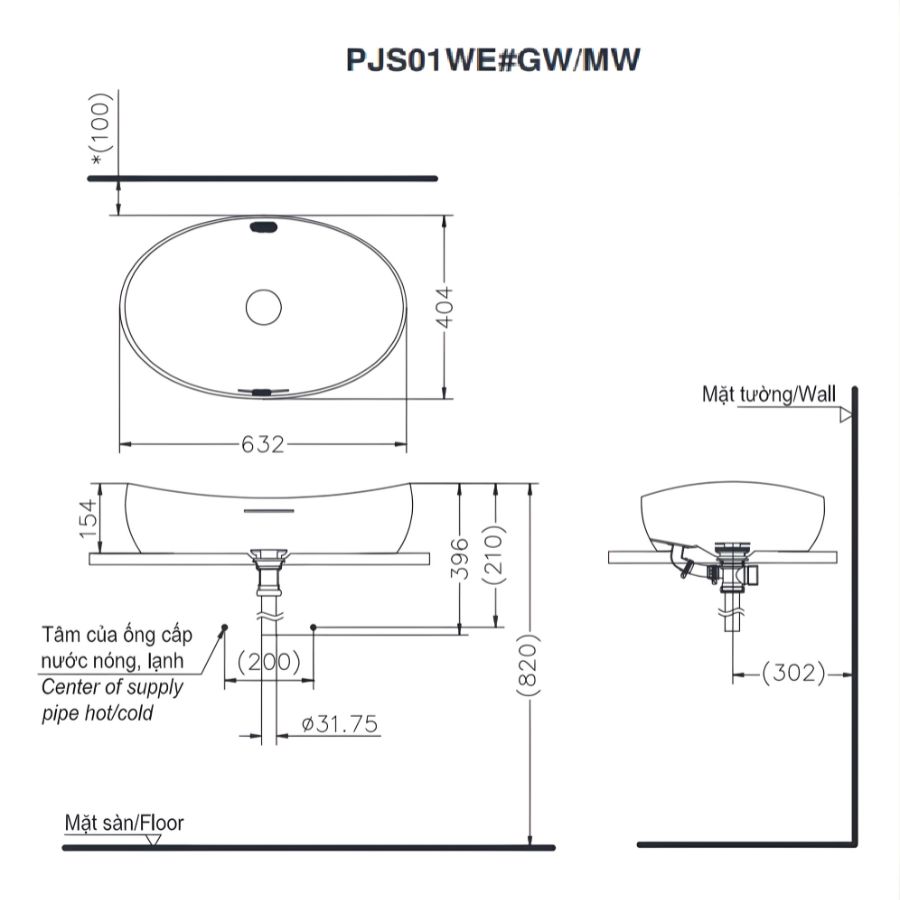 bản vẽ kích thước chậu đặt bàn lavabo toto pjs01we#gw