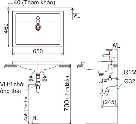 Bản vẽ kĩ thuật chậu rửa lavabo Inax-2397V dương bàn