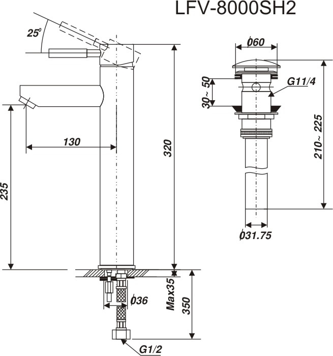 bản vẽ kích thước vòi lavabo inax lfv-8000sh2