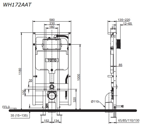 bản vẽ kích thước két âm tuongwf tự động xả toto wh172aat