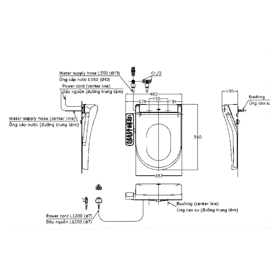bản vẽ kích thước nắp bồn cầu thông minh toto tcf33320gaa