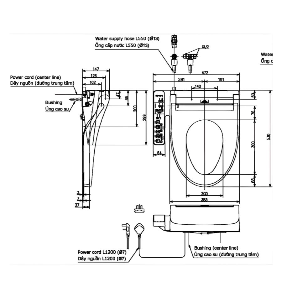 bản vẽ kích thước nắp bồn cầu thông minh toto tcf23410gaa