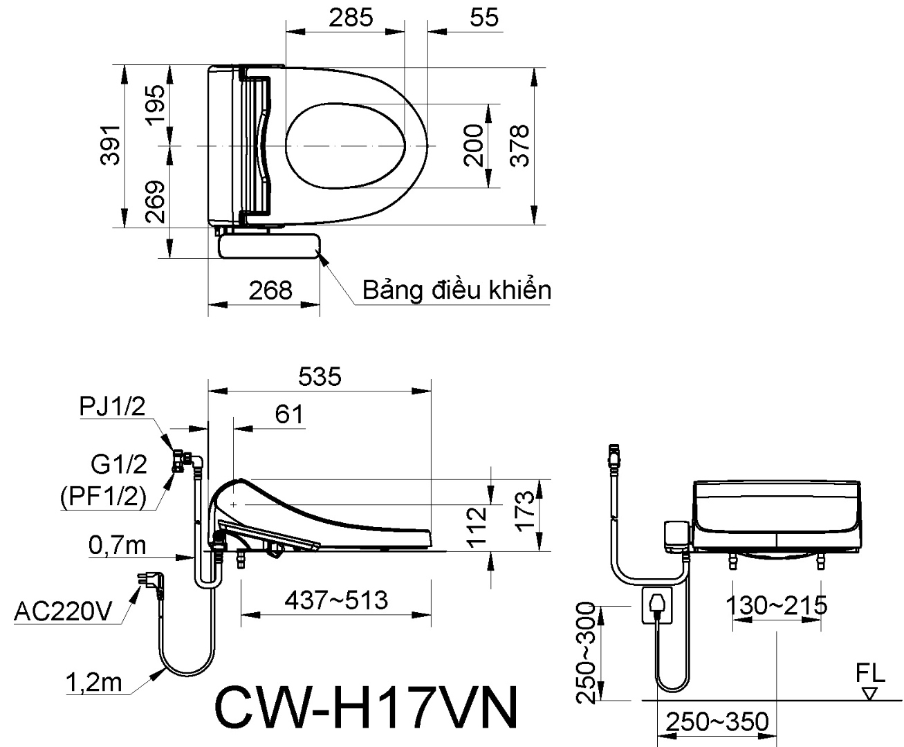 bản vẽ kích thước nắp rửa điện tử cw-h17vn