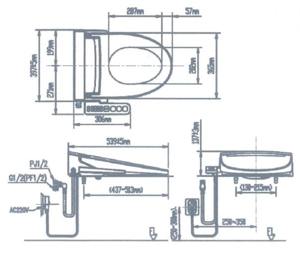 bản vẽ kích thước nắp rửa bồn cầu thông minh inax cw-h20vn