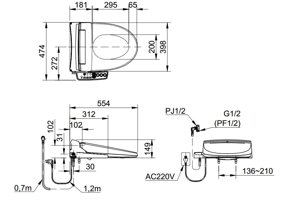 bản vẽ kích thước nắp rửa điện tử inax cw-kb22avn