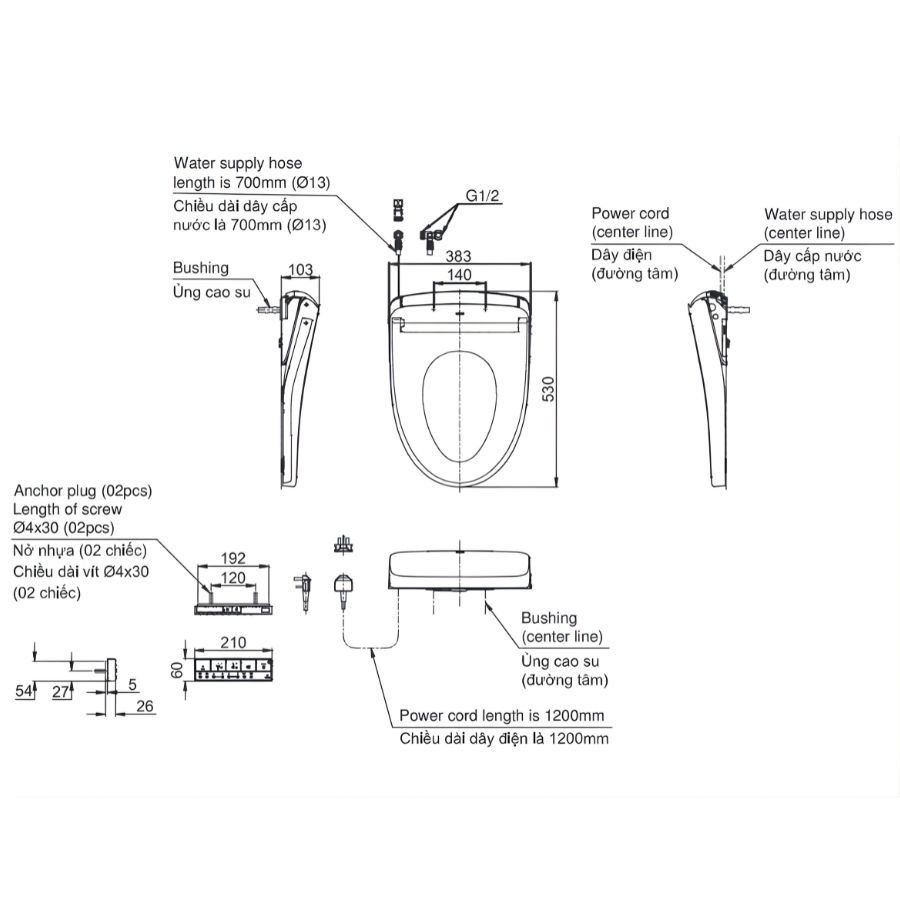 bản vẽ kích thước nắp rửa bồn cầu thông minh toto tcf43760gaa