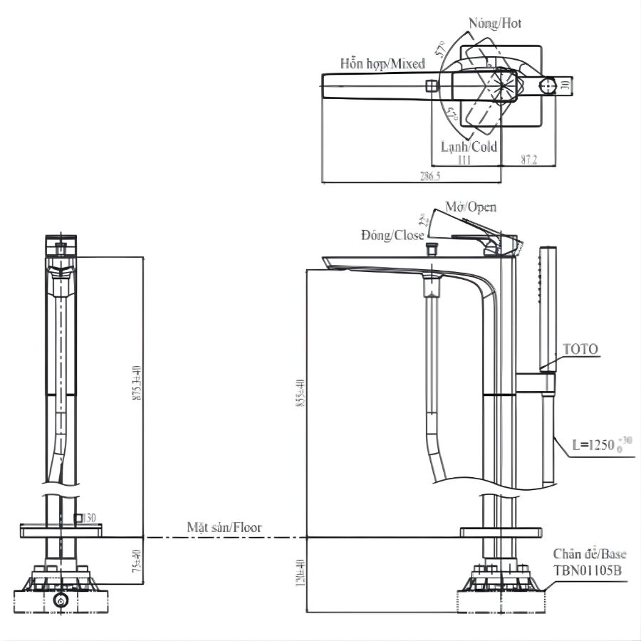 bản vẽ kích thước sen bồn tắm đặt sàn toto tbg07306aa/tbn01105b