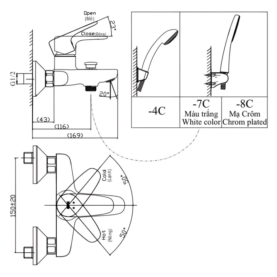 bản vẽ kích thước sen cầm tay inax bfv-1113s-7c
