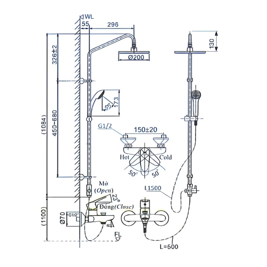 Bản vẽ kích thước sen tắm cây inax bfv-1115s