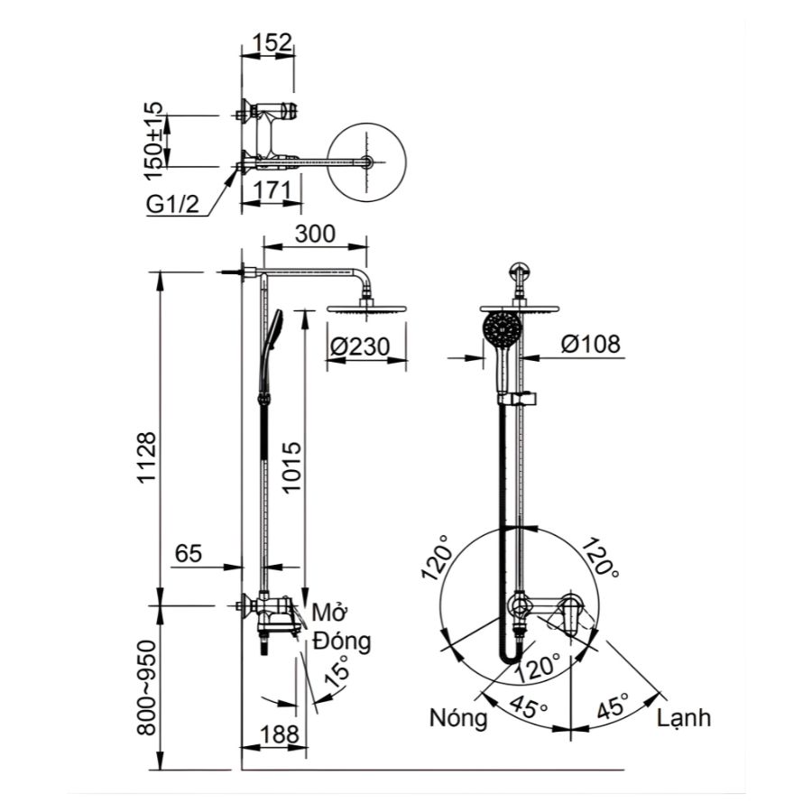 bản vẽ kích thước sen tắm cây inax bfv-915s