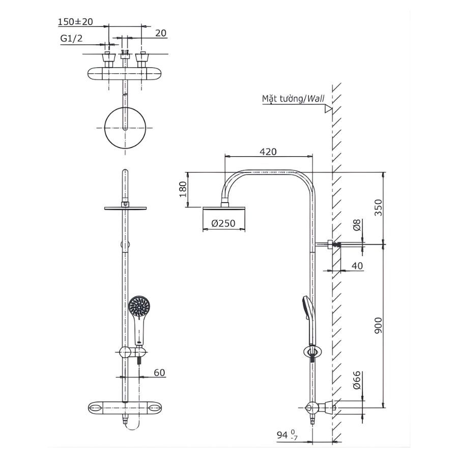 bản vẽ kích thước sen cây nhiệt độ toto tx454sfv2brn