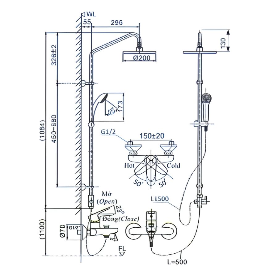bản vẽ kích thước sen tắm cây nóng lạnh inax bfv1115s-3c