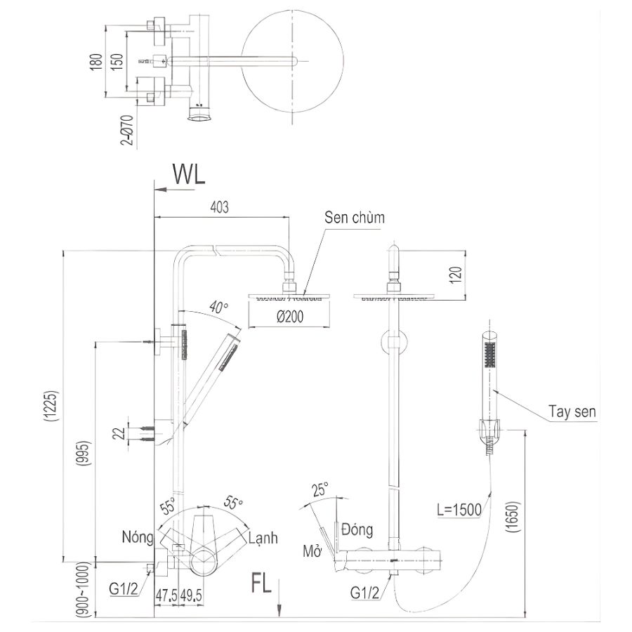 bản vẽ kích thước sen tắm cây nóng lạnh inax bfv-71s