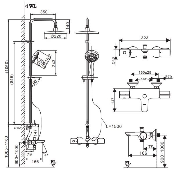 bản vẽ kích thước sen tắm cây nhiệt độ inax bfv-3415t-9c