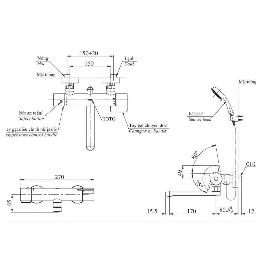 bản vẽ kích thước sen tắm nhiệt độ toto tbv03427v