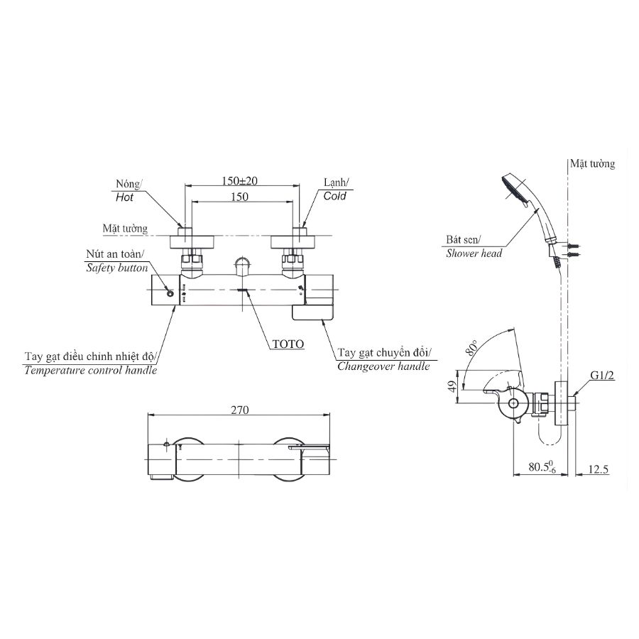 bản vẽ kích thước sen tắm nhiệt độ toto tbv03431v