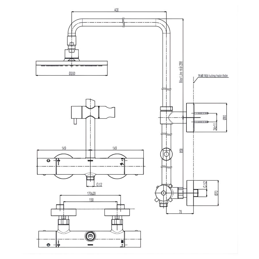 bản vẽ kích thước sen tắm nhiệt độ toto tbw07402a